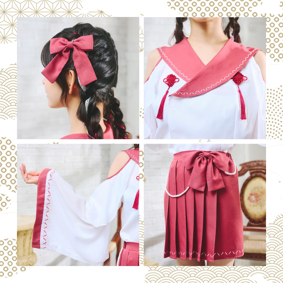 [NEW] コスプレ 和風 巫女 制服巫女 レディース フリーサイズ レッド【クリアストーン】♡