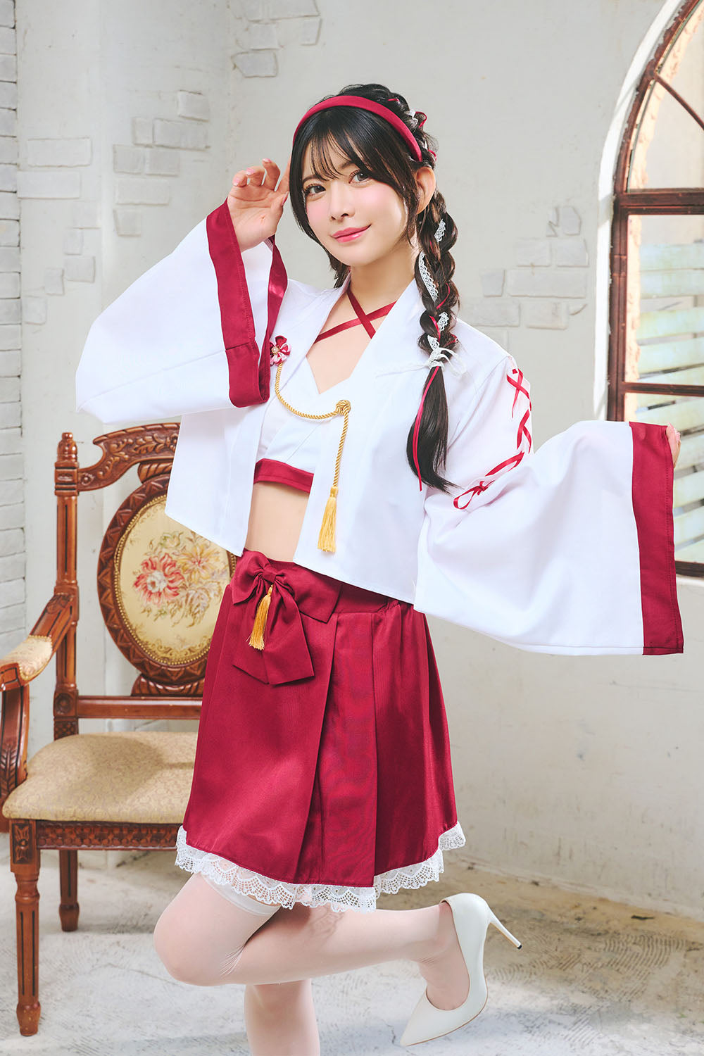 [NEW] コスプレ 和風 巫女 羽織巫女 レディース フリーサイズ レッド【クリアストーン】♡