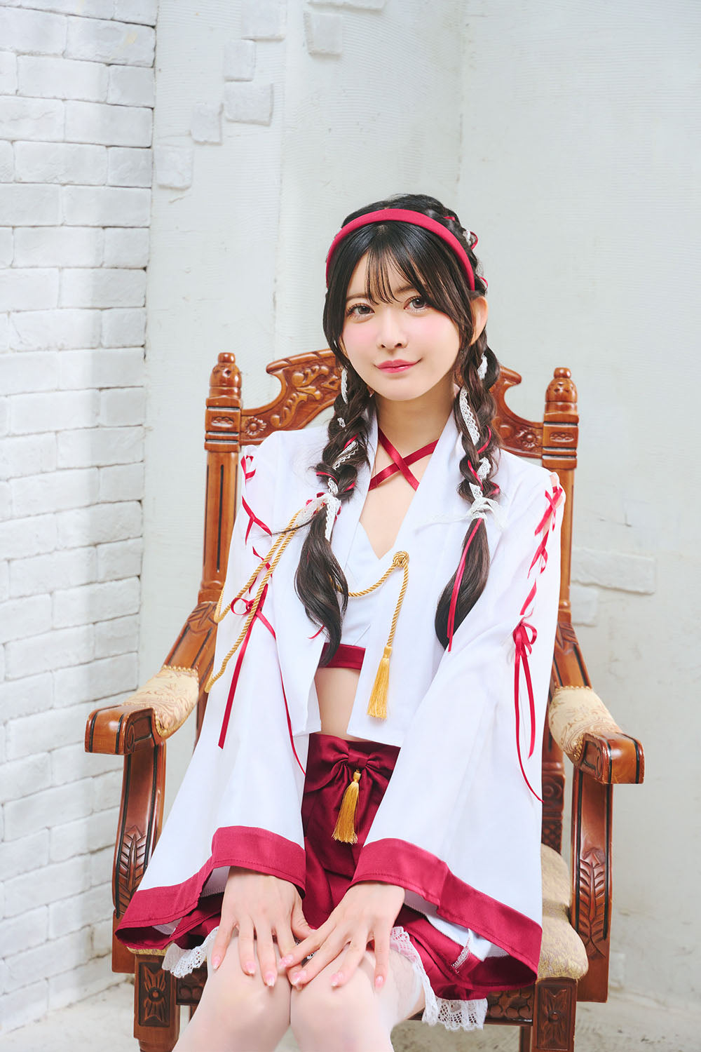 [NEW] コスプレ 和風 巫女 羽織巫女 レディース フリーサイズ レッド【クリアストーン】♡