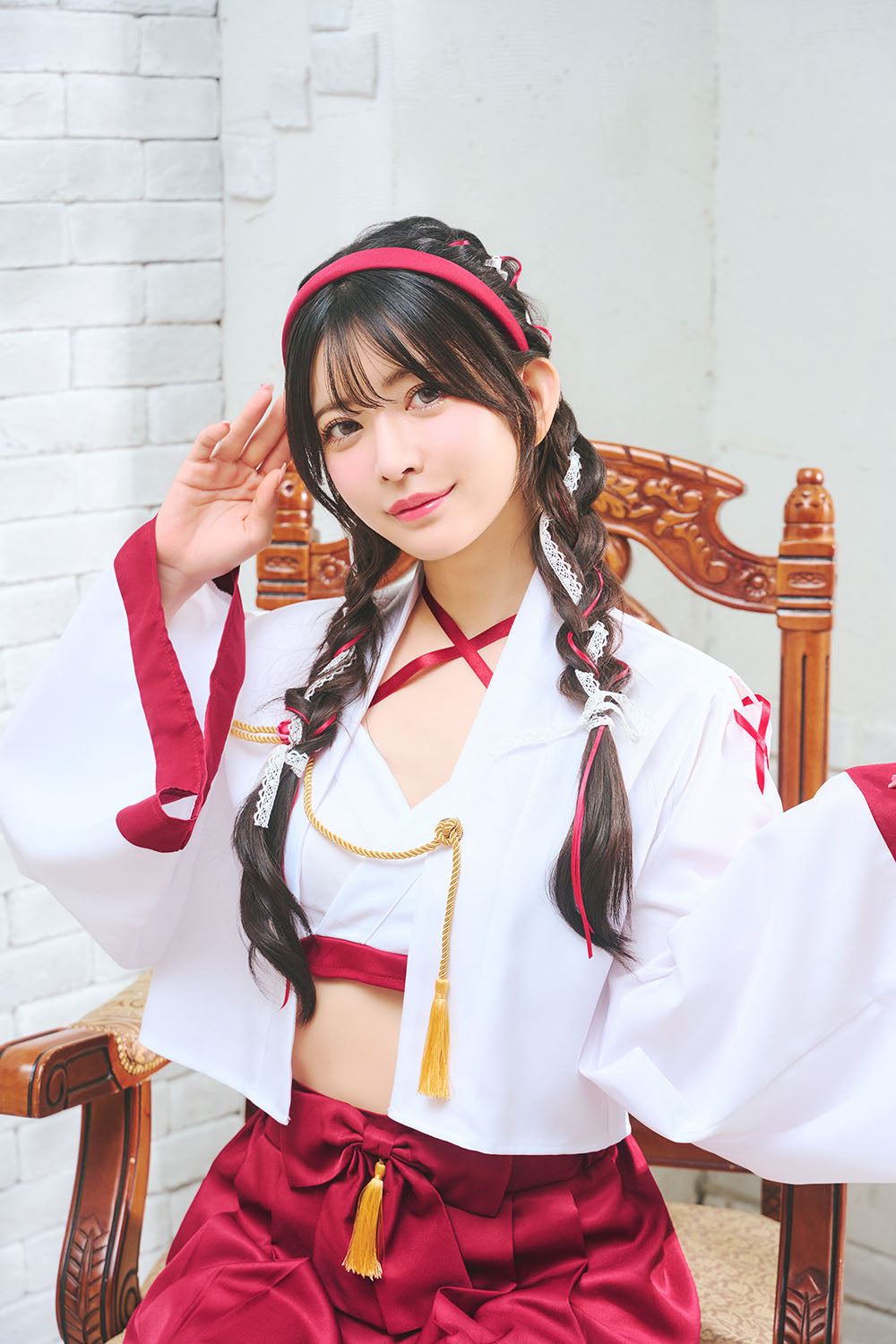 [NEW] コスプレ 和風 巫女 羽織巫女 レディース フリーサイズ レッド【クリアストーン】♡