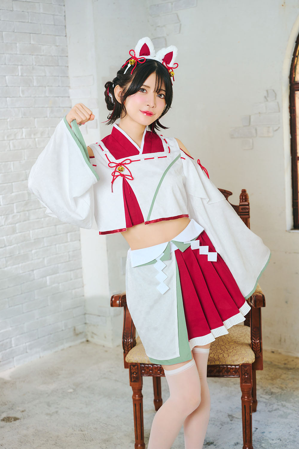 [NEW] コスプレ ねこ 和風 巫女 招猫巫女 レディース フリーサイズ ホワイト【クリアストーン】♡