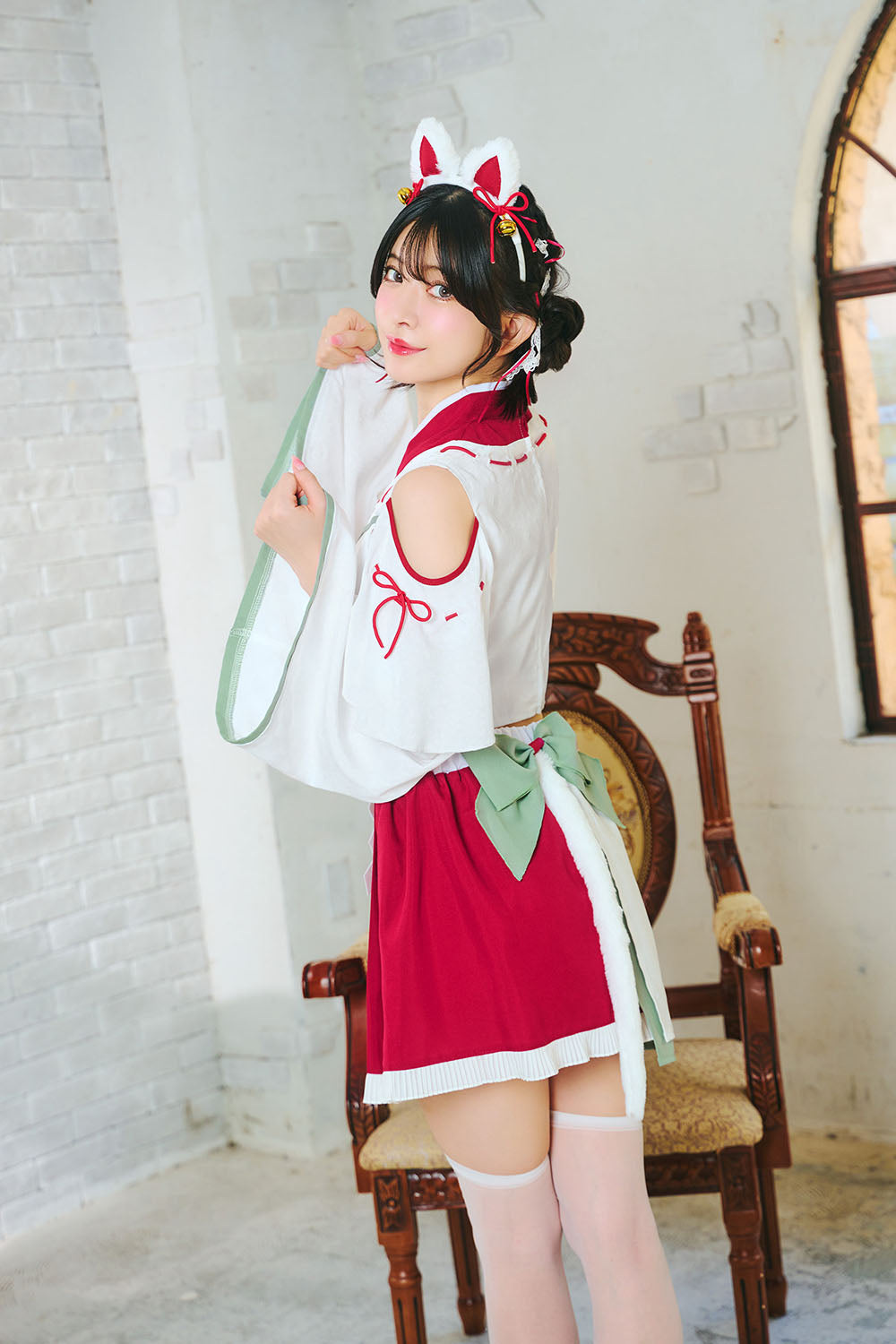 [NEW] コスプレ ねこ 和風 巫女 招猫巫女 レディース フリーサイズ ホワイト【クリアストーン】♡