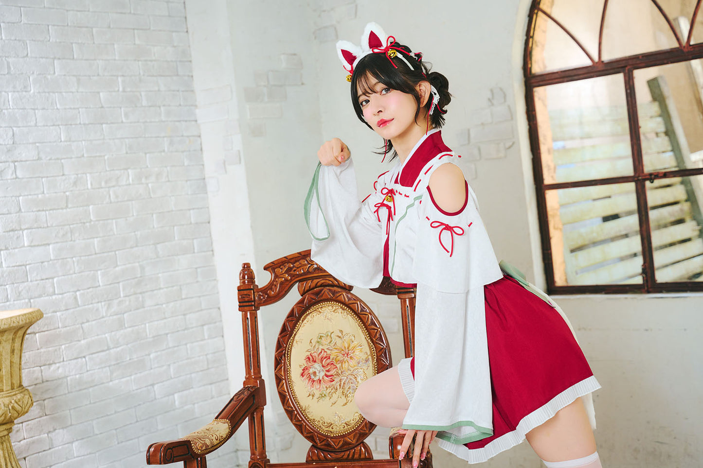 [NEW] コスプレ ねこ 和風 巫女 招猫巫女 レディース フリーサイズ ホワイト【クリアストーン】♡