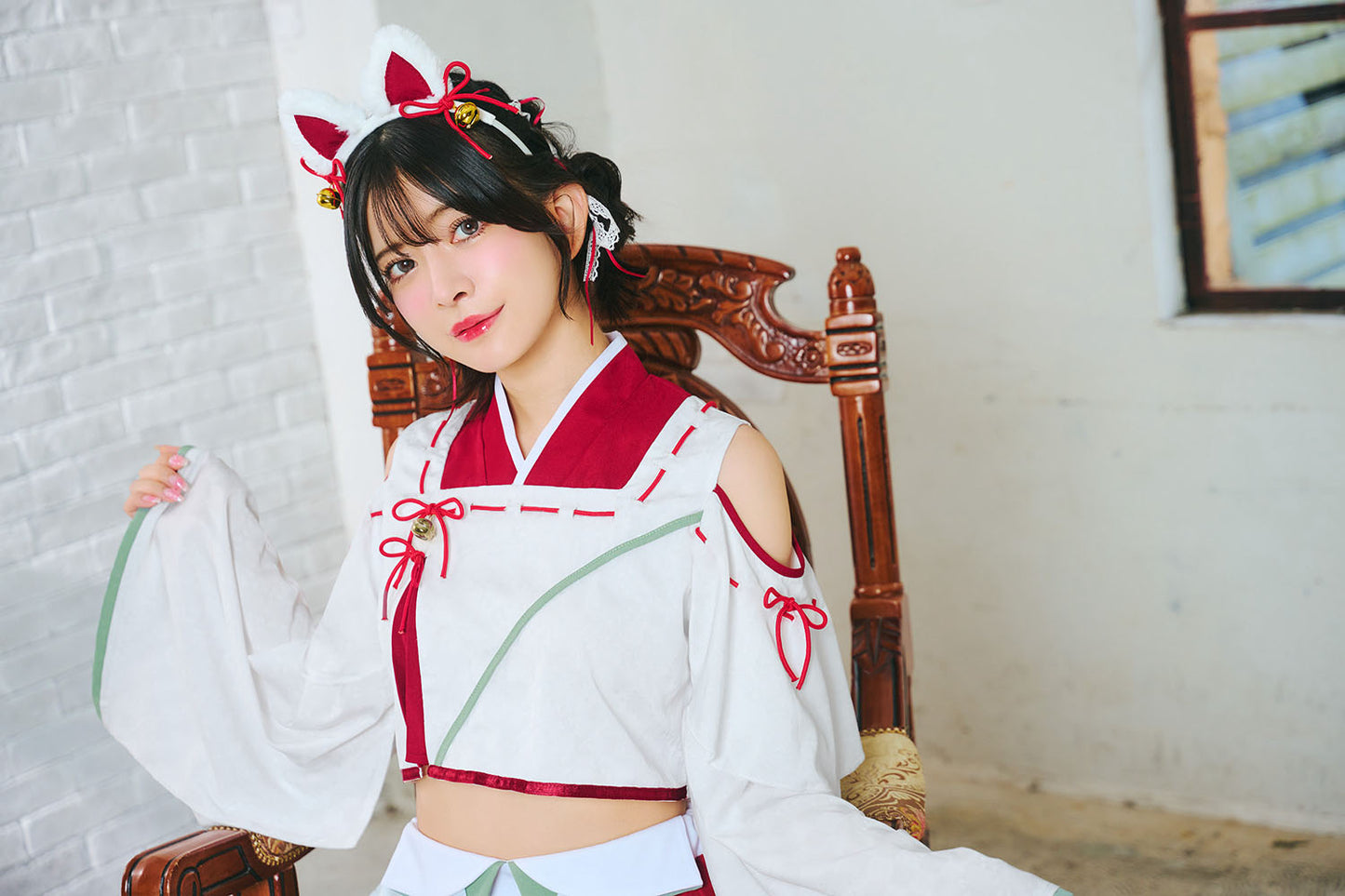 [NEW] コスプレ ねこ 和風 巫女 招猫巫女 レディース フリーサイズ ホワイト【クリアストーン】♡