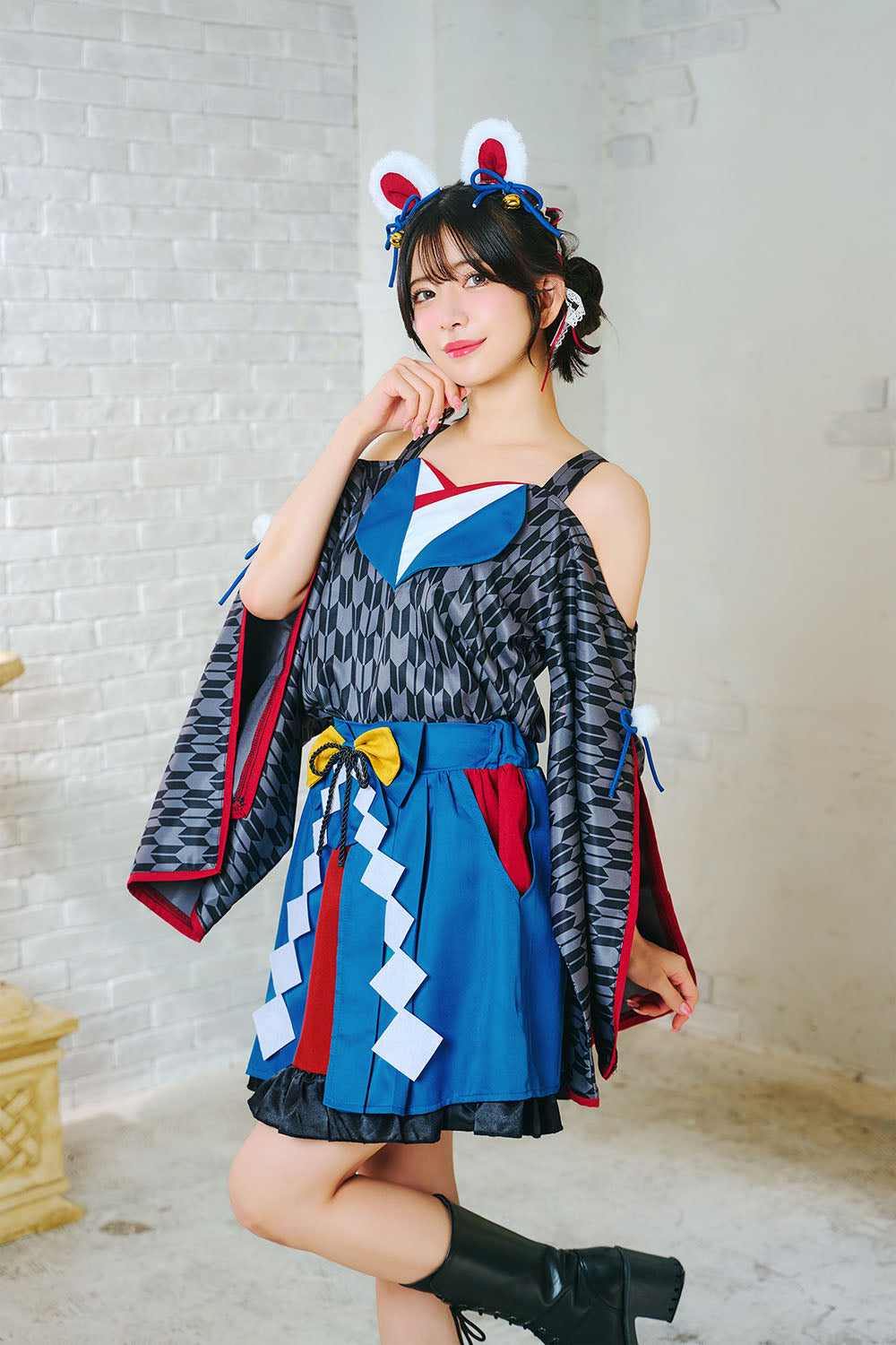 [NEW] コスプレ いぬ 和風 巫女 犬張子巫女 レディース フリーサイズ ブルー【クリアストーン】♡