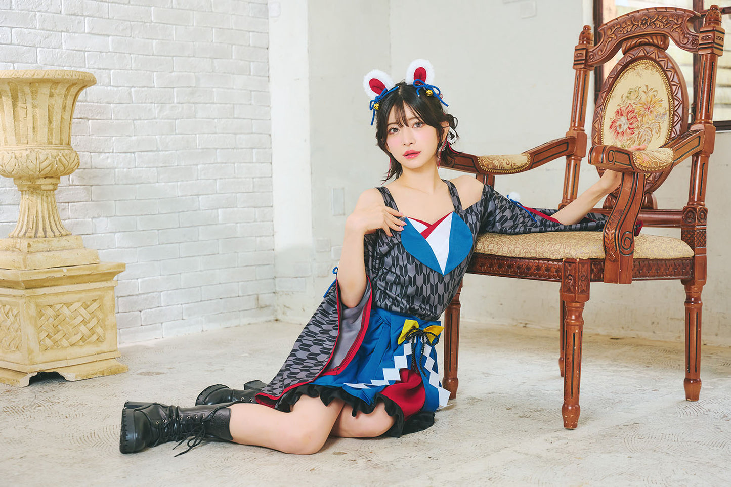 [NEW] コスプレ いぬ 和風 巫女 犬張子巫女 レディース フリーサイズ ブルー【クリアストーン】♡