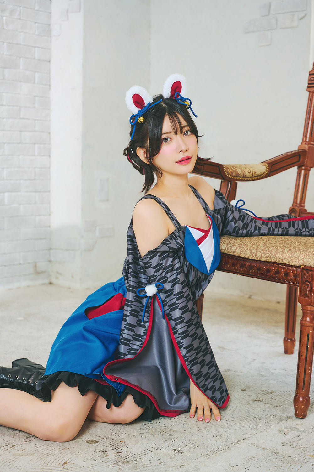 [NEW] コスプレ いぬ 和風 巫女 犬張子巫女 レディース フリーサイズ ブルー【クリアストーン】♡