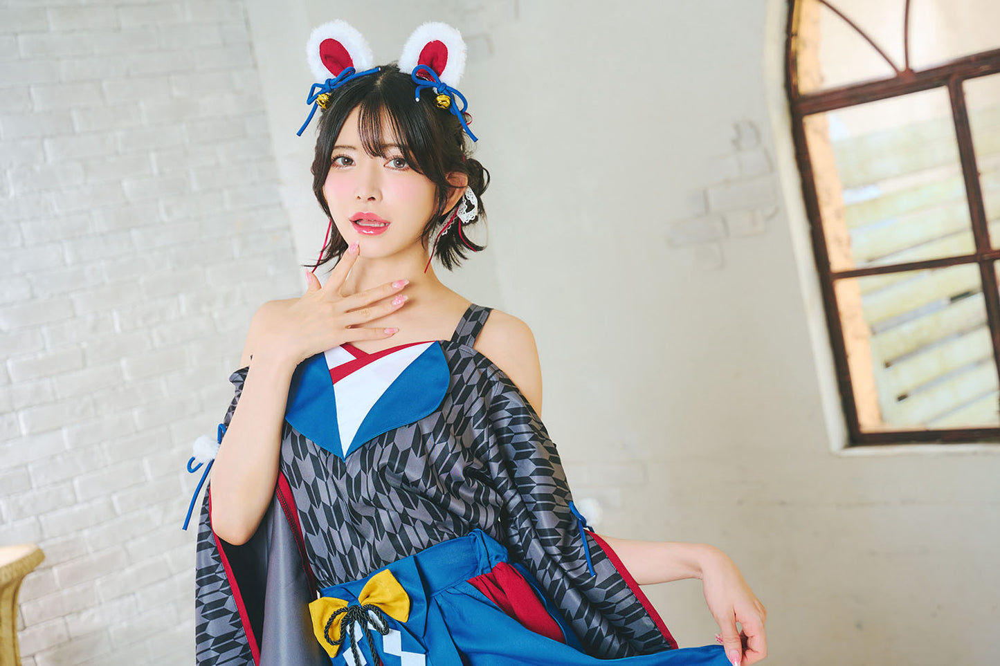 [NEW] コスプレ いぬ 和風 巫女 犬張子巫女 レディース フリーサイズ ブルー【クリアストーン】♡