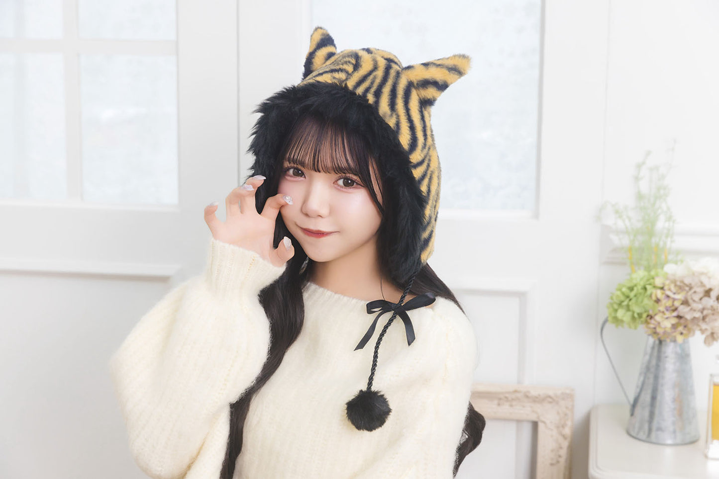 [New] コスプレ小物 節分 ポンポンリボン鬼フーディー レディース フリーサイズ イエロー【クリアストーン】