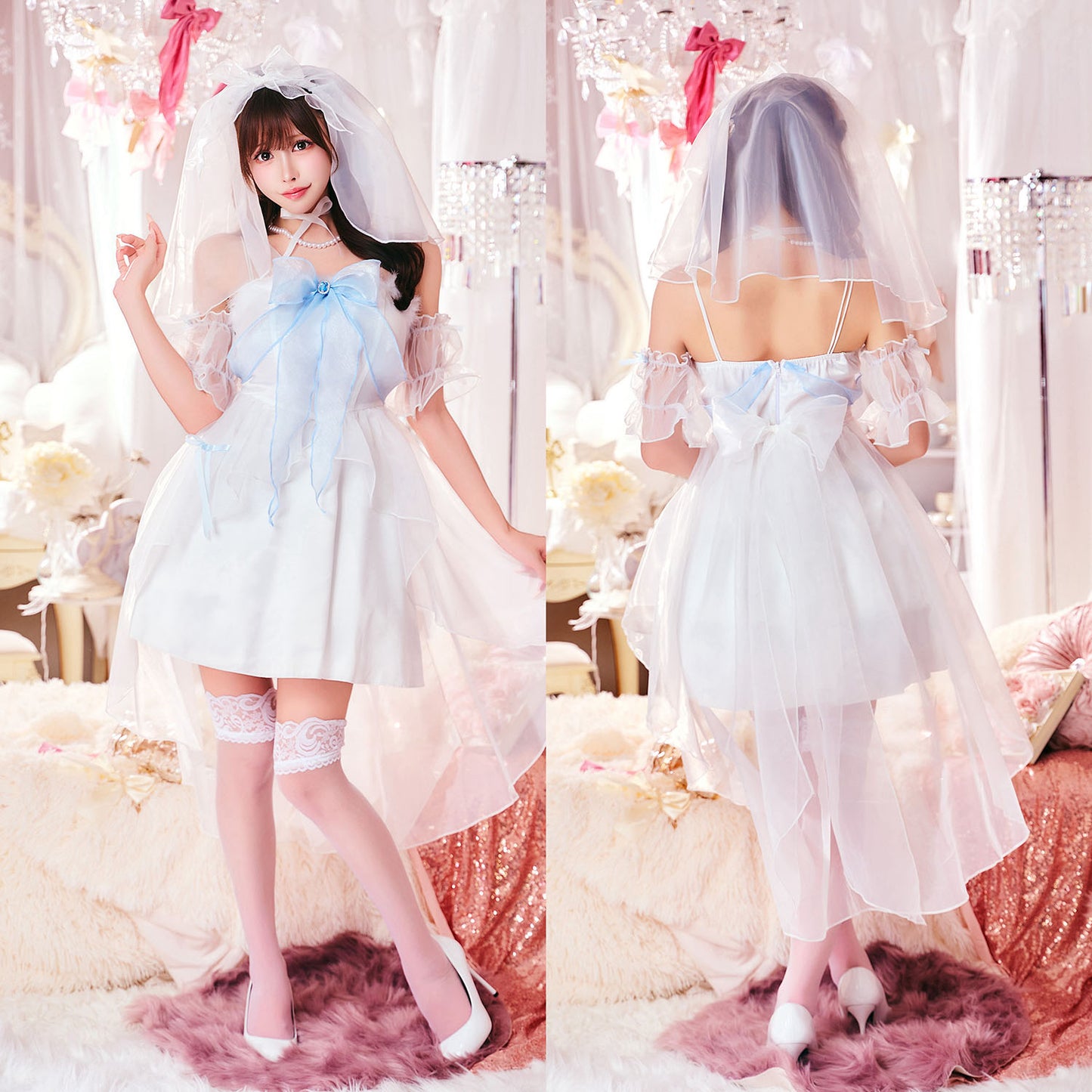 コスプレ 花嫁 ジューンブライド ロングテールブライド レディース フリーサイズ ホワイトクリアストーン】♡