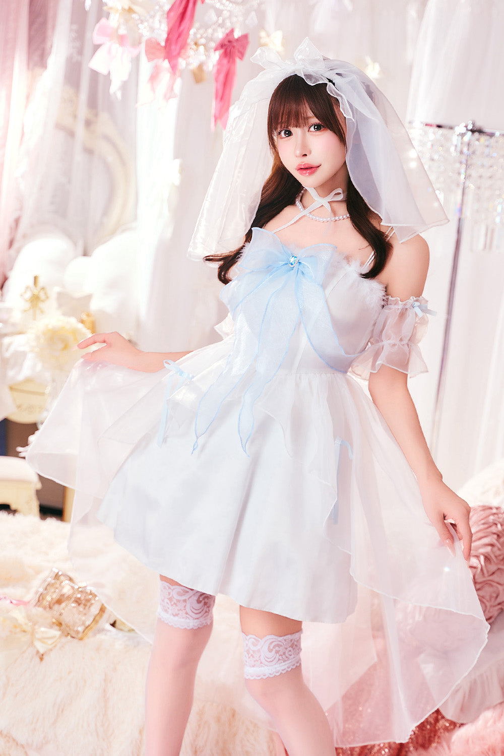 コスプレ 花嫁 ジューンブライド ロングテールブライド レディース フリーサイズ ホワイトクリアストーン】♡
