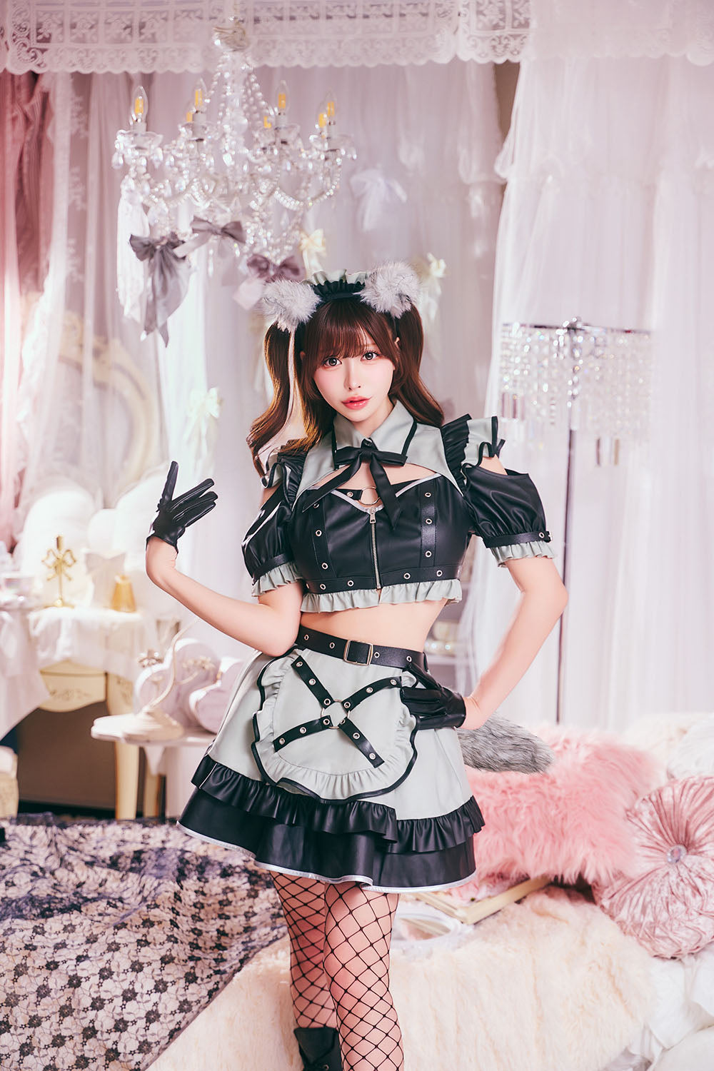 [New] コスプレ メイド ルミパピエ パンクウルフメイド レディース フリーサイズ ブラック 【クリアストーン】♡