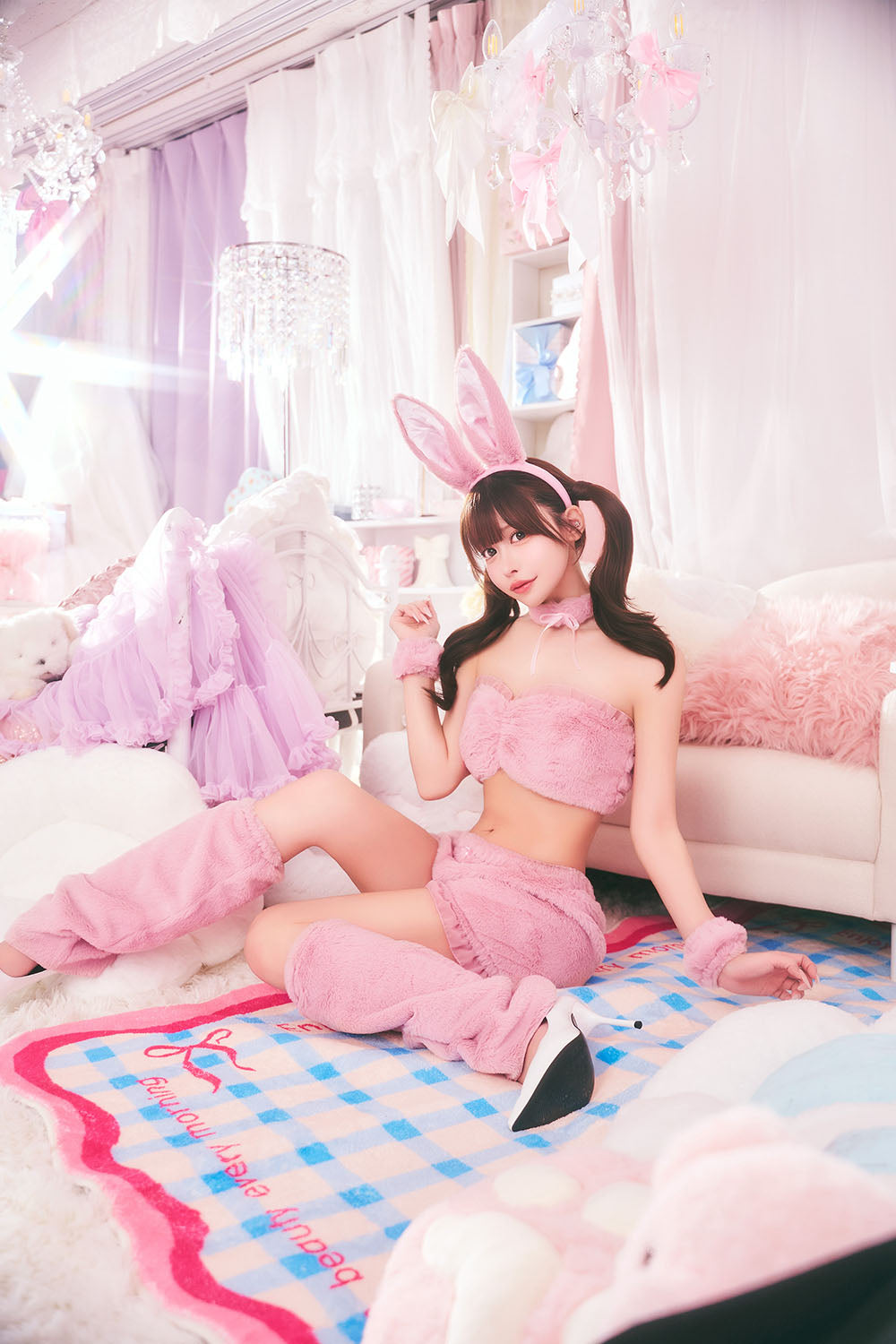 コスプレ うさぎ アニマル もこもこセクシーうさガール レディース フリーサイズ ホワイト/ピンク/グレー【クリアストーン】♡