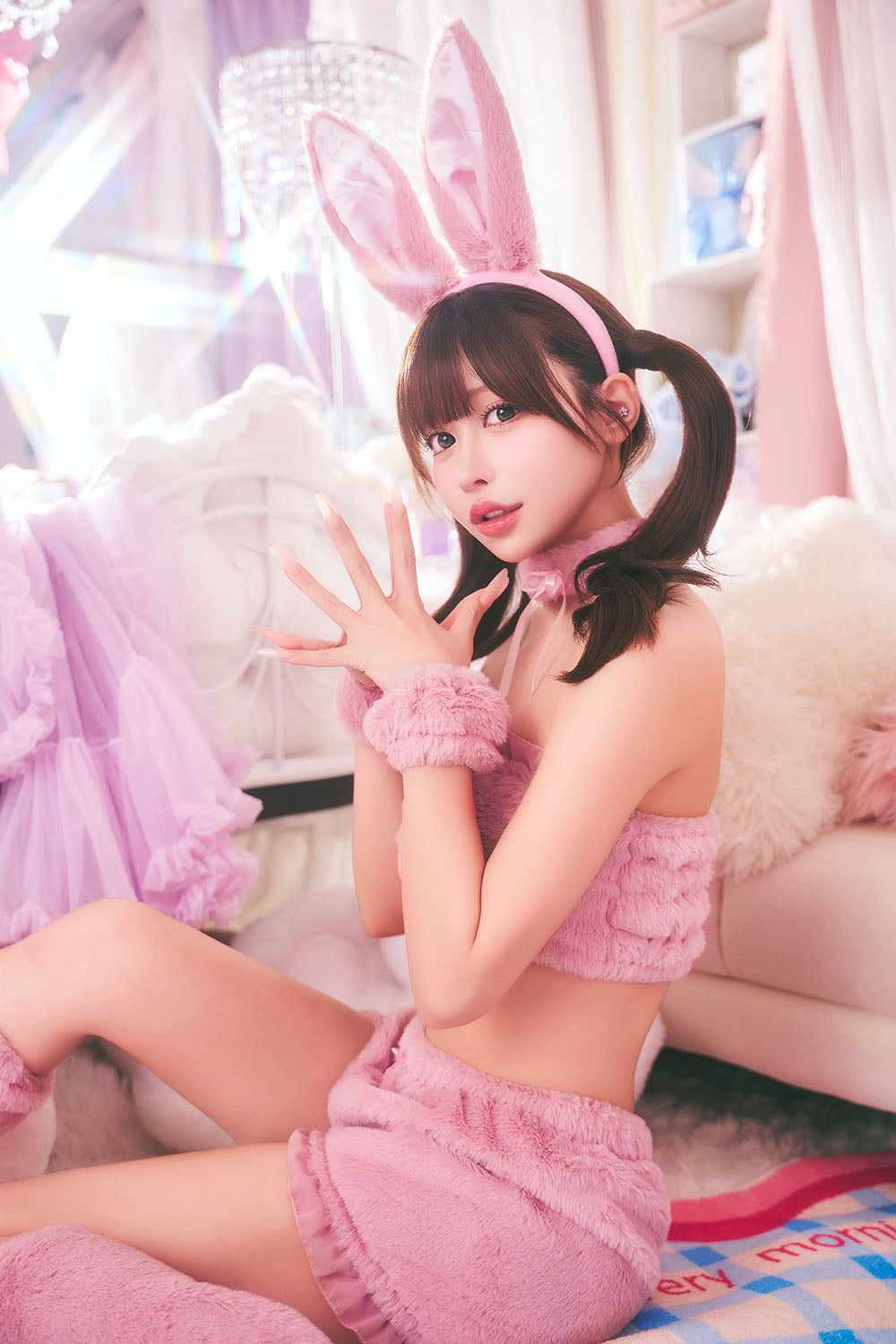コスプレ うさぎ アニマル もこもこセクシーうさガール レディース フリーサイズ ホワイト/ピンク/グレー【クリアストーン】♡