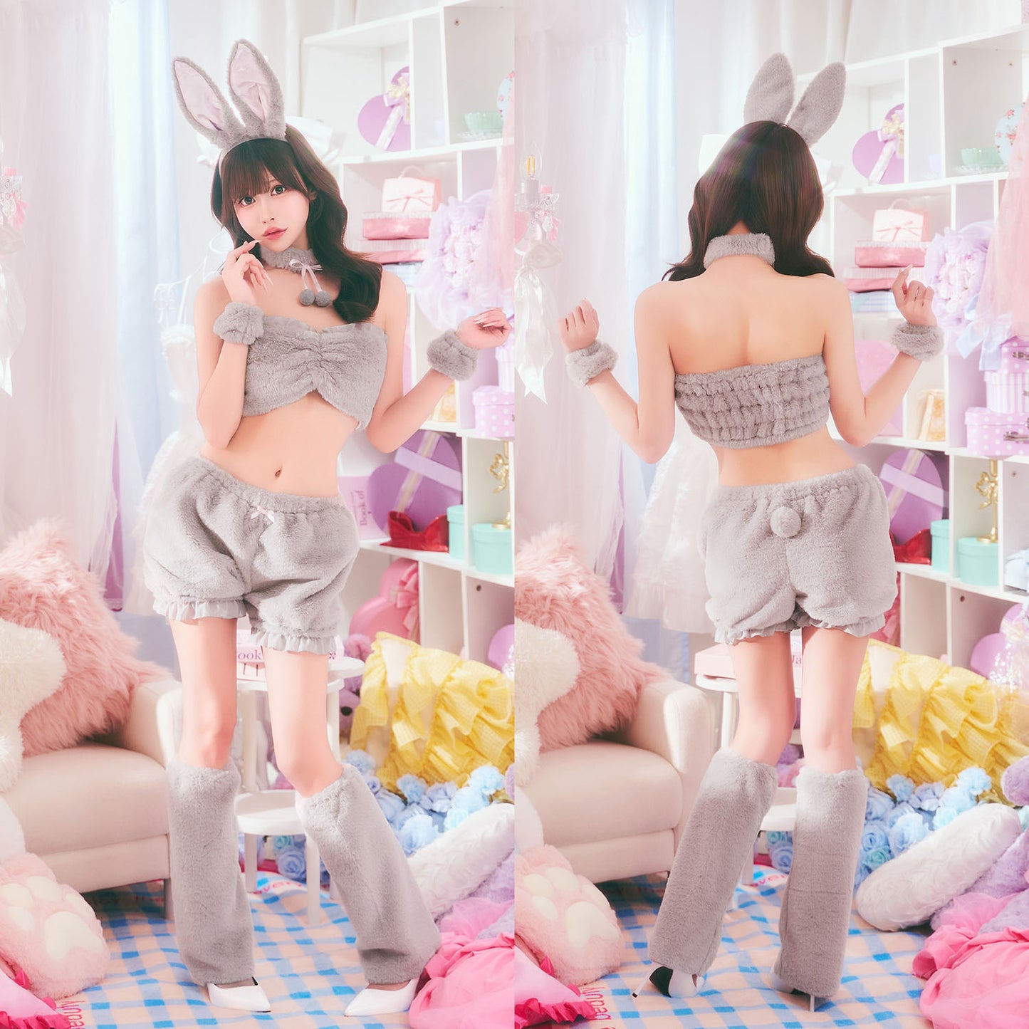コスプレ うさぎ アニマル もこもこセクシーうさガール レディース フリーサイズ ホワイト/ピンク/グレー【クリアストーン】♡