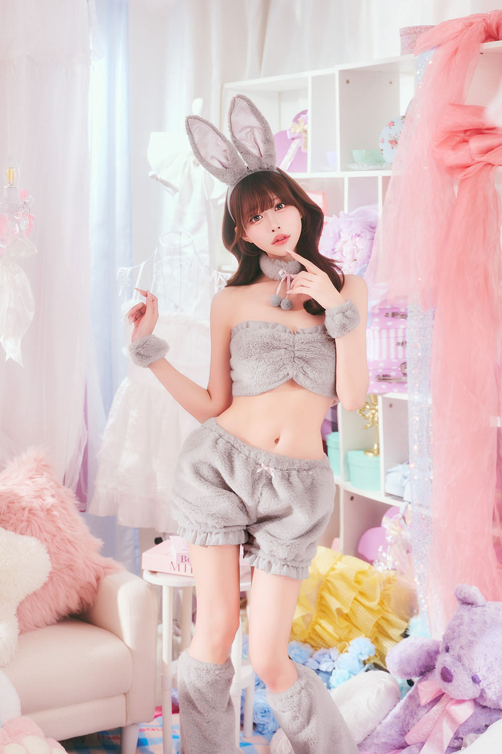 コスプレ うさぎ アニマル もこもこセクシーうさガール レディース フリーサイズ ホワイト/ピンク/グレー【クリアストーン】♡