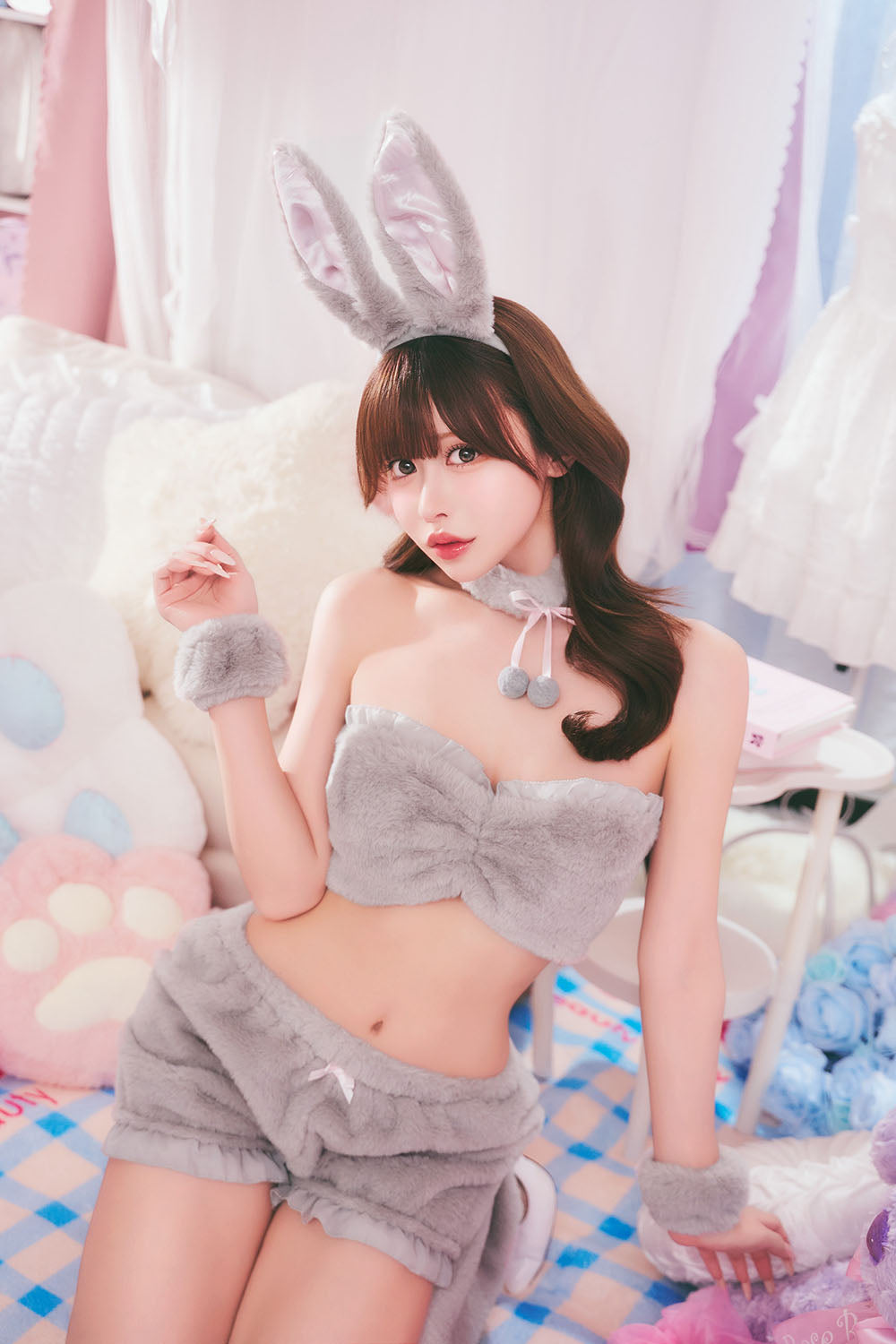 コスプレ うさぎ アニマル もこもこセクシーうさガール レディース フリーサイズ ホワイト/ピンク/グレー【クリアストーン】♡