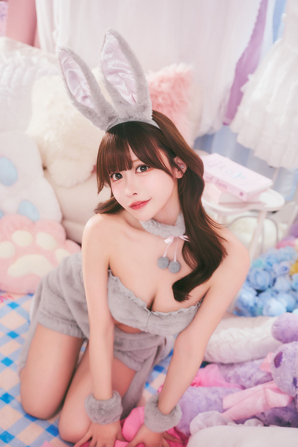 コスプレ うさぎ アニマル もこもこセクシーうさガール レディース フリーサイズ ホワイト/ピンク/グレー【クリアストーン】♡