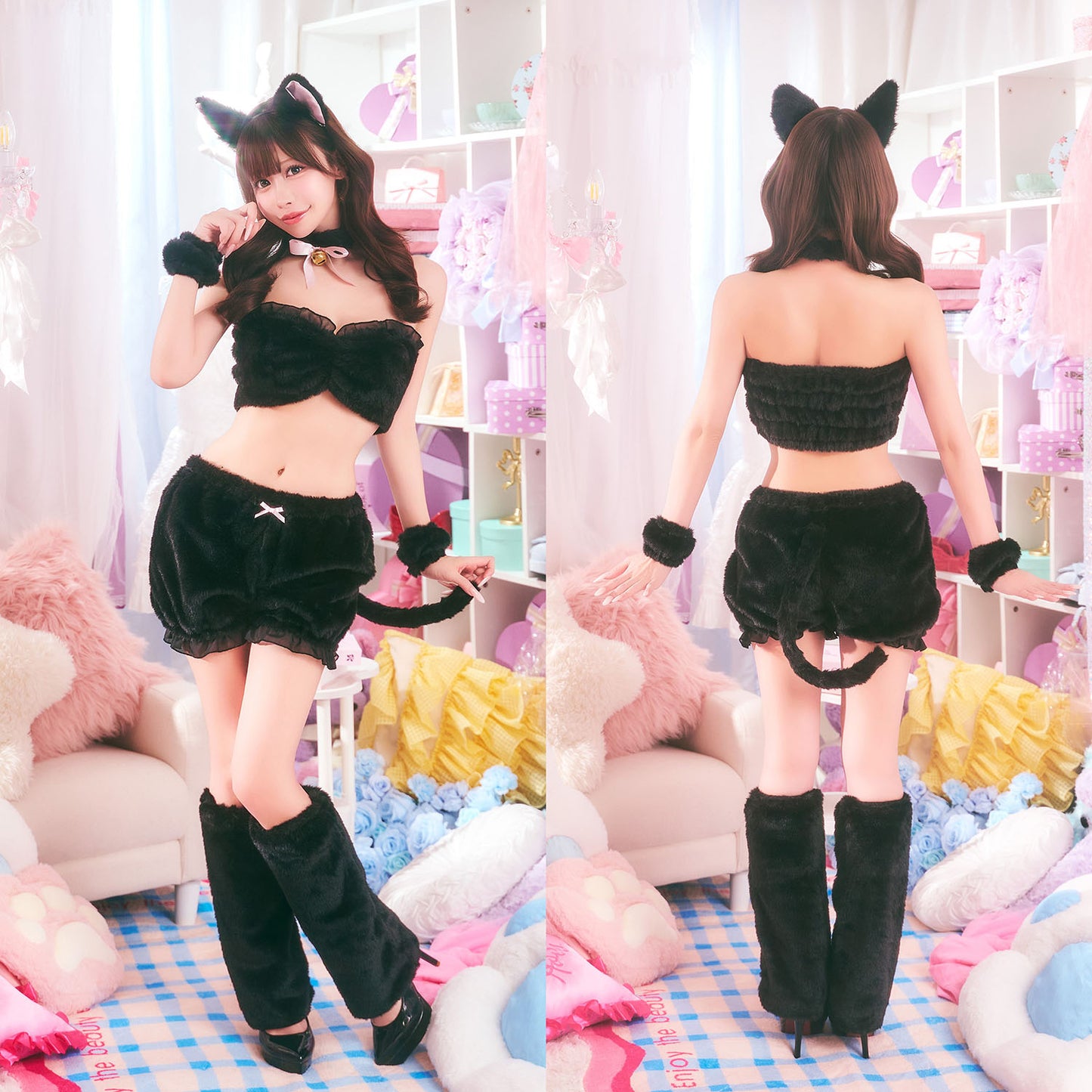 コスプレ ねこ アニマル もこもこセクシーねこガール レディース フリーサイズ ホワイト / ブラック【クリアストーン】♡