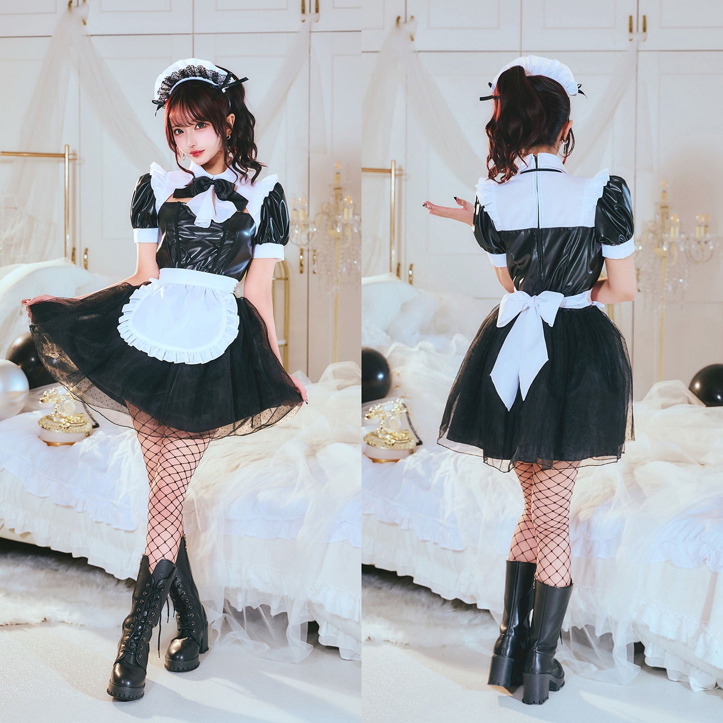[New] コスプレ ハロウィン モノティーク ドットチュールメイド レディース フリーサイズ ブラック【クリアストーン】♡