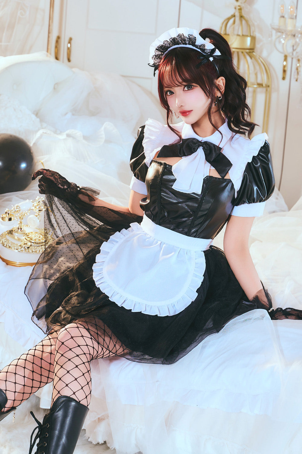 [New] コスプレ ハロウィン モノティーク ドットチュールメイド レディース フリーサイズ ブラック【クリアストーン】♡