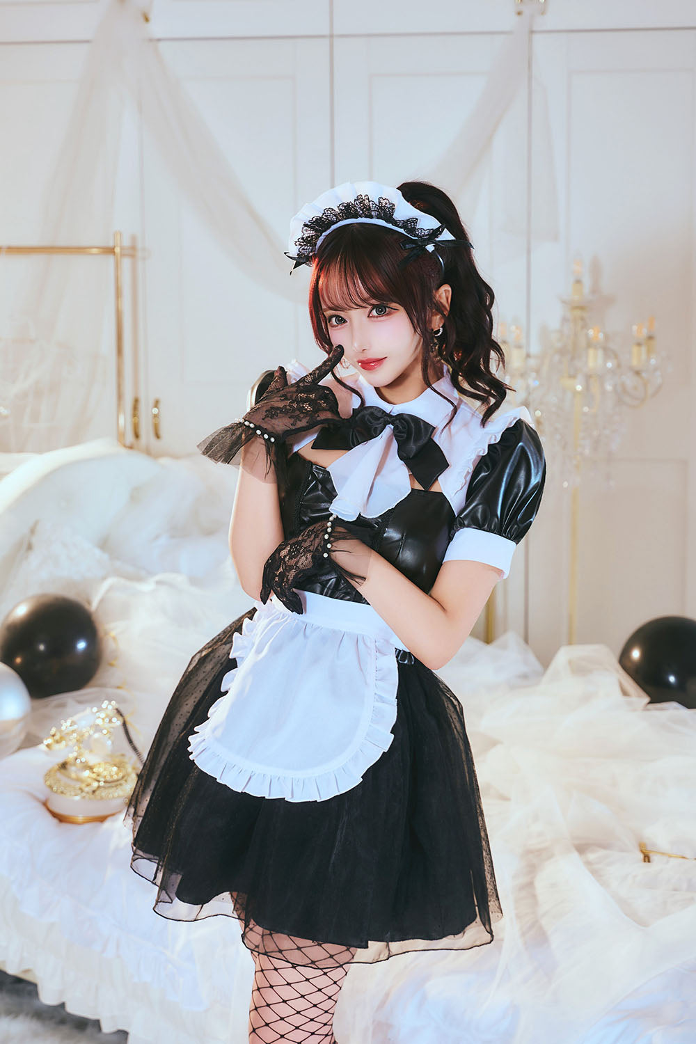 [New] コスプレ ハロウィン モノティーク ドットチュールメイド レディース フリーサイズ ブラック【クリアストーン】♡