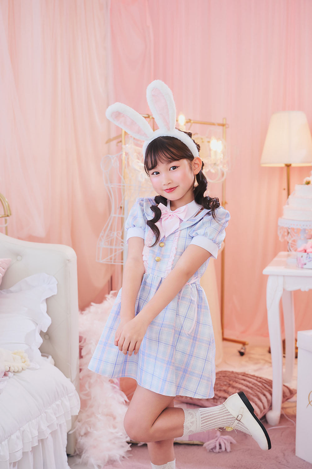 [New] コスプレ こども ハロウィン うさぎ ミルキーチェックバニー キッズ 120/140cm ブルー 【クリアストーン】