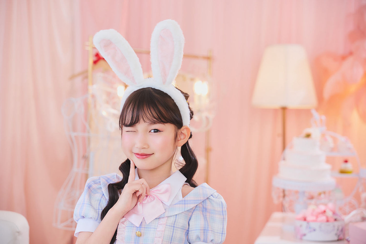 [New] コスプレ こども ハロウィン うさぎ ミルキーチェックバニー キッズ 120/140cm ブルー 【クリアストーン】