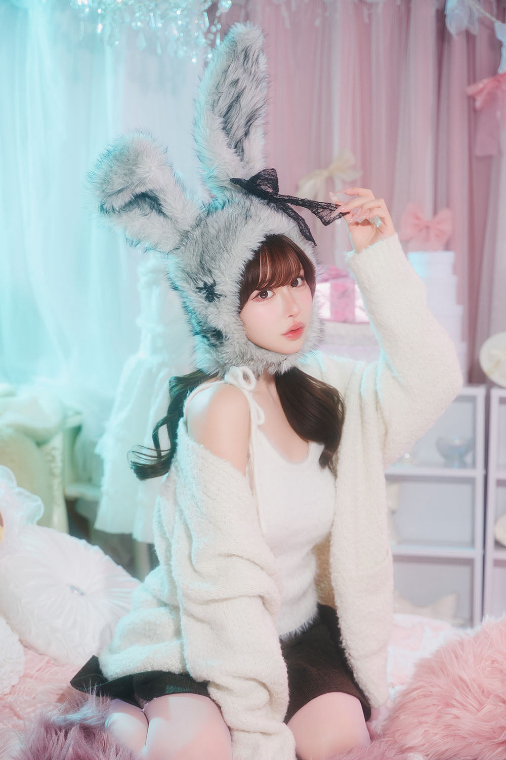 [New] コスプレ小物 ハロウィン アニマル かぶりもの もふもふうさたん/もふもふにゃんにゃん レディース フリーサイズ グレー/ブラウン/ピンク【クリアストーン】