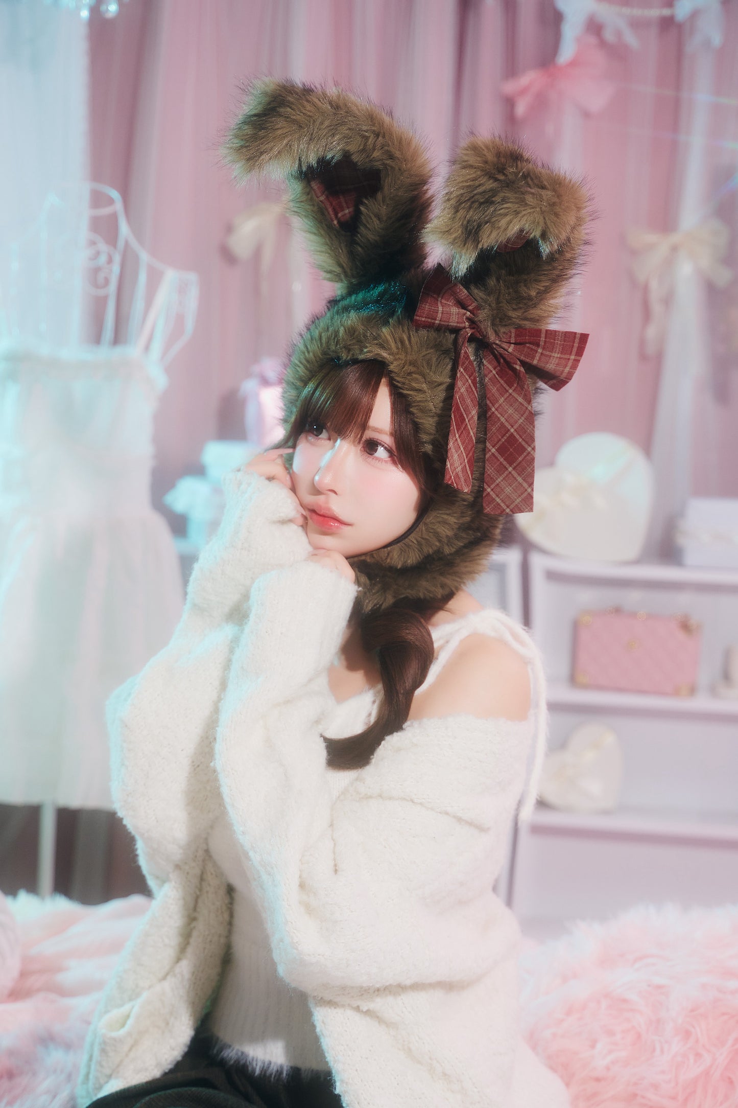 [New] コスプレ小物 ハロウィン アニマル かぶりもの もふもふうさたん/もふもふにゃんにゃん レディース フリーサイズ グレー/ブラウン/ピンク【クリアストーン】