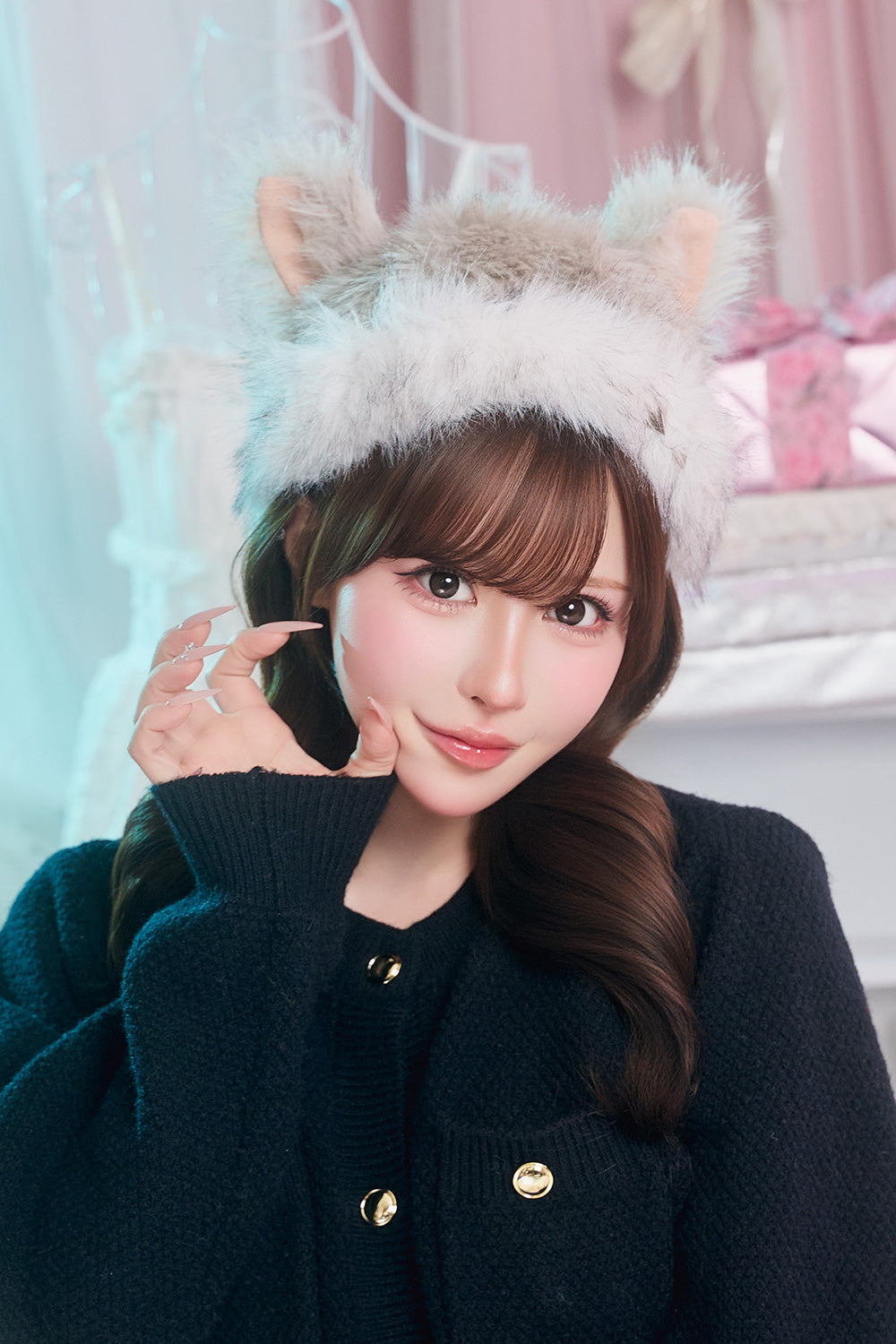 [New] コスプレ小物 帽子 ハロウィン おおかみ スタッズウルフキャップ ユニセックス フリーサイズ グレー 【クリアストーン】