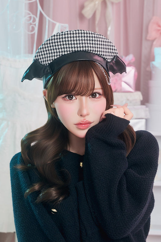 [New] コスプレ小物 帽子 ハロウィン 悪魔 千鳥格子デビルベレー帽 ユニセックス フリーサイズ ブラック 【クリアストーン】