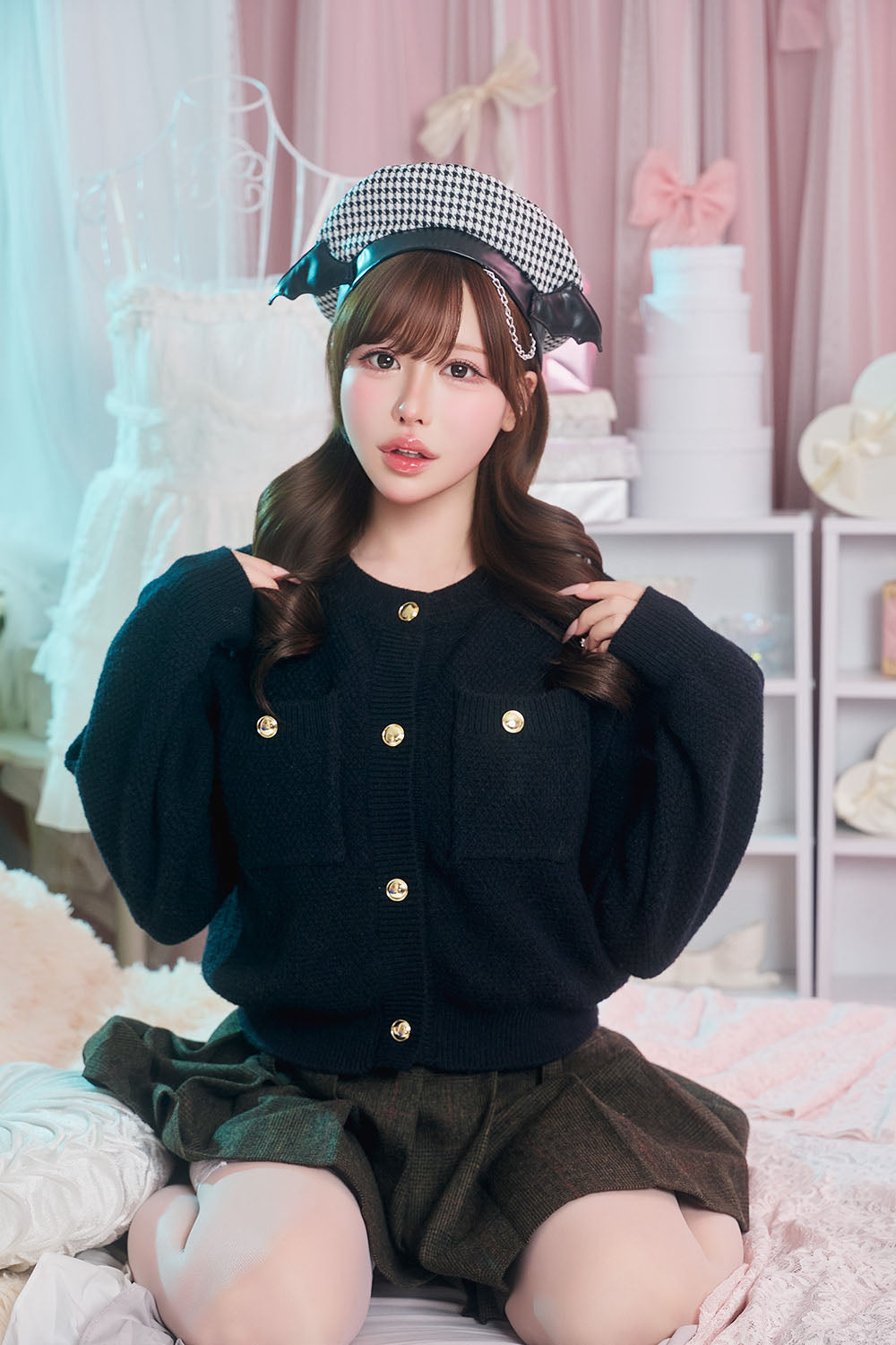 [New] コスプレ小物 帽子 ハロウィン 悪魔 千鳥格子デビルベレー帽 ユニセックス フリーサイズ ブラック 【クリアストーン】