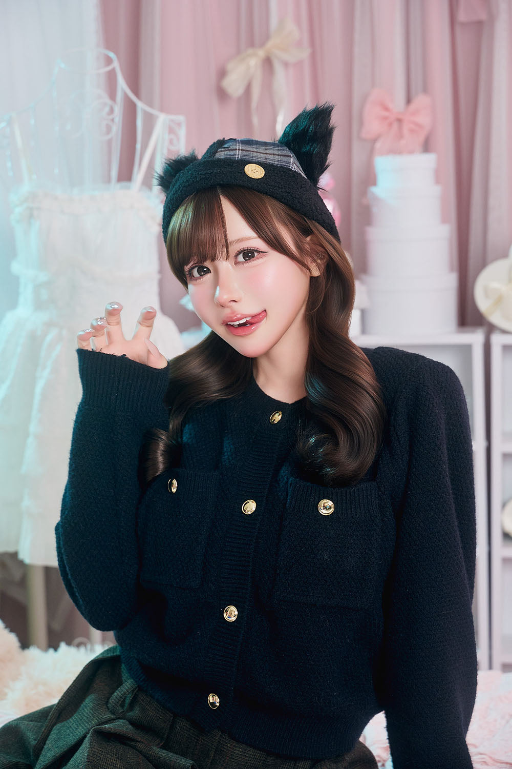 [New] コスプレ小物 帽子 ハロウィン ねこ ツギハギチェック黒猫キャップ ユニセックス フリーサイズ ブラック 【クリアストーン】