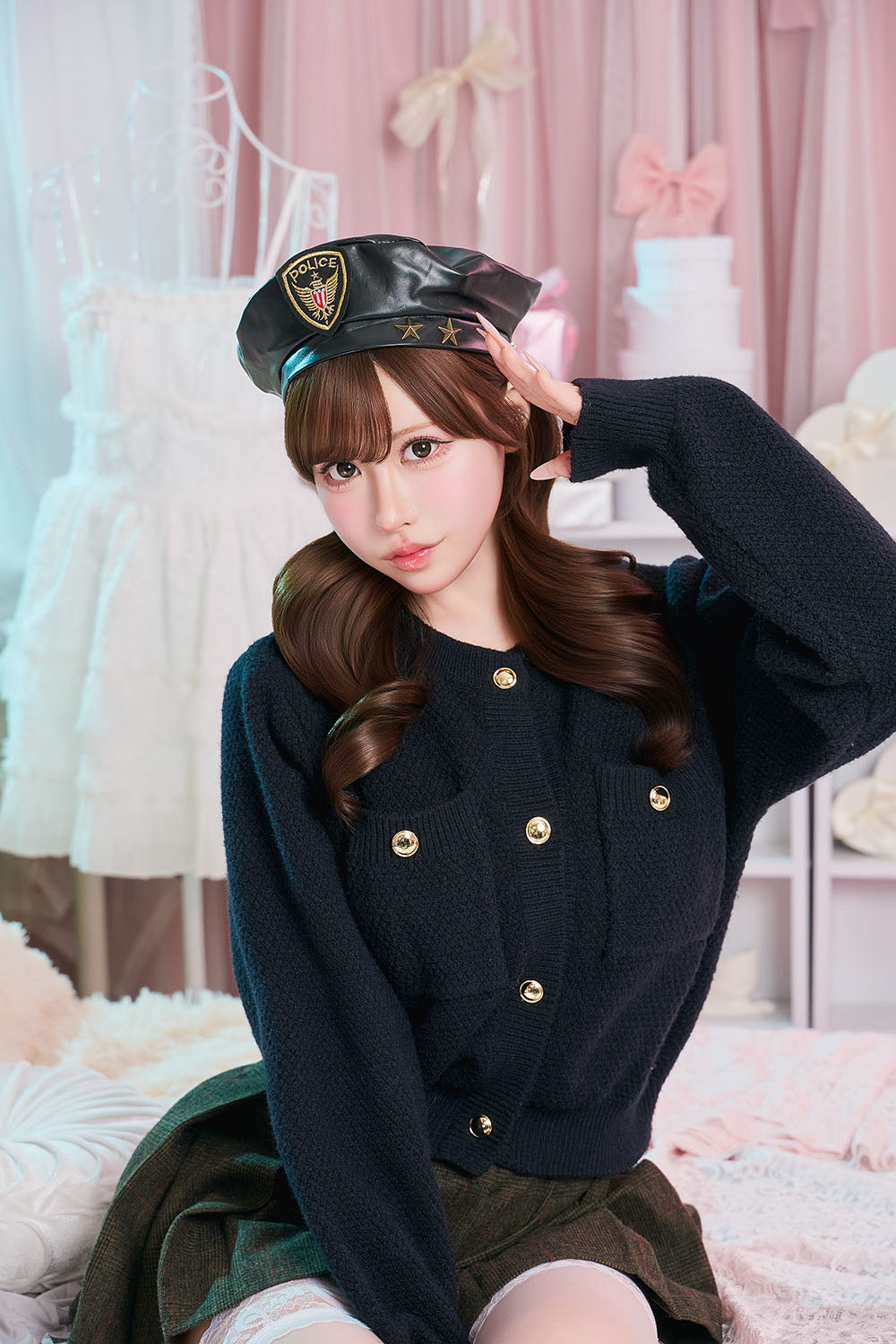 [New] コスプレ小物 帽子 ハロウィン 警察 ポリスベレー帽 ユニセックス フリーサイズ ブラック 【クリアストーン】