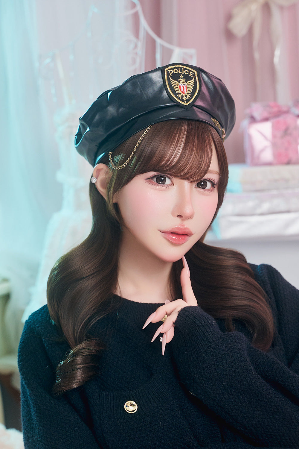 [New] コスプレ小物 帽子 ハロウィン 警察 ポリスベレー帽 ユニセックス フリーサイズ ブラック 【クリアストーン】