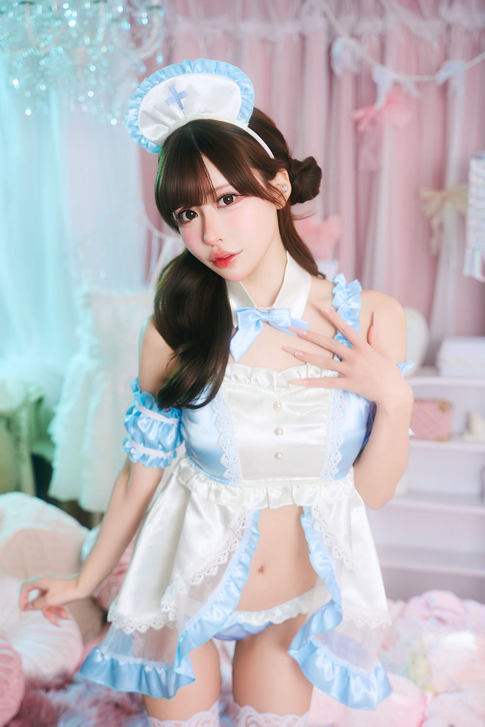 【予約/6月23日発送予定】[New] コスプレ ベビードール poppy doll ネグリジェナース レディース フリーサイズ ブルー【クリアストーン】♡