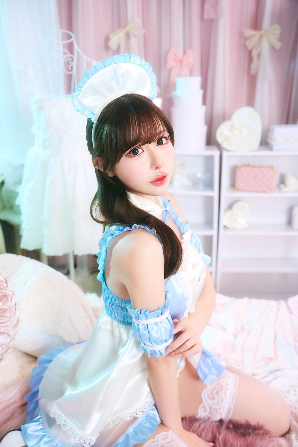 【予約/6月23日発送予定】[New] コスプレ ベビードール poppy doll ネグリジェナース レディース フリーサイズ ブルー【クリアストーン】♡