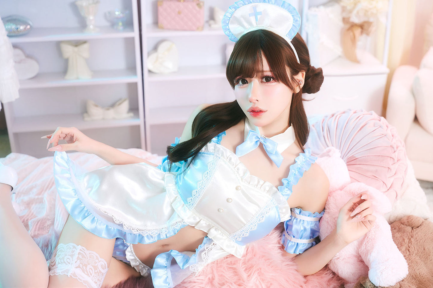 【予約/6月23日発送予定】[New] コスプレ ベビードール poppy doll ネグリジェナース レディース フリーサイズ ブルー【クリアストーン】♡