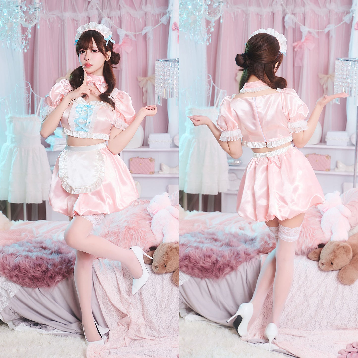 【予約/6月23日発送予定】[New] コスプレ ベビードール poppy doll ネグリジェメイド レディース フリーサイズ ピンク【クリアストーン】♡