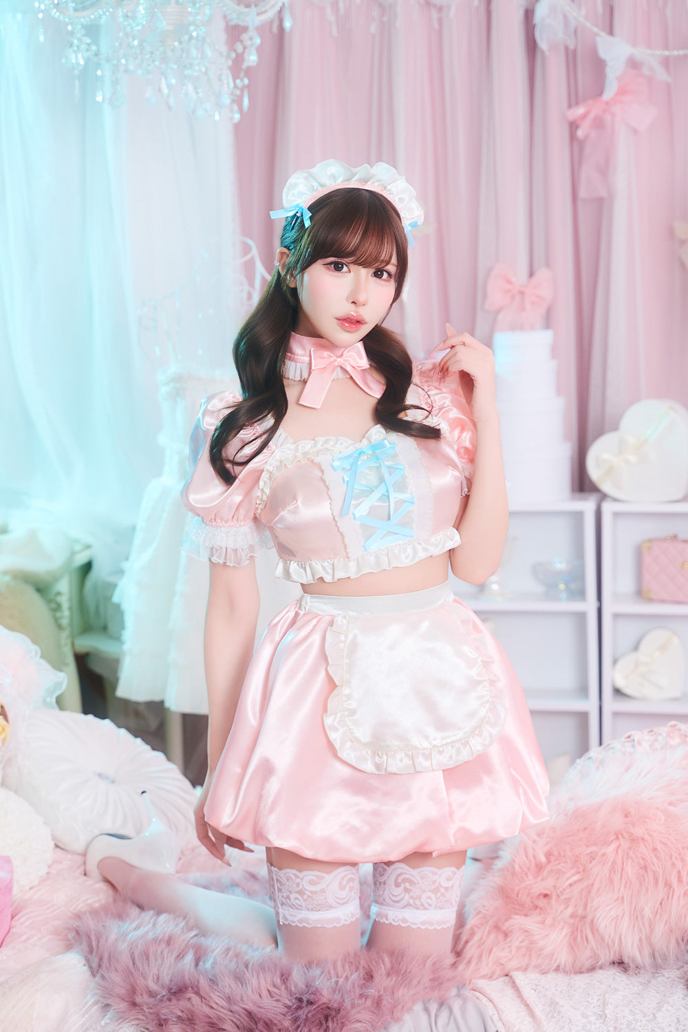 【予約/6月23日発送予定】[New] コスプレ ベビードール poppy doll ネグリジェメイド レディース フリーサイズ ピンク【クリアストーン】♡