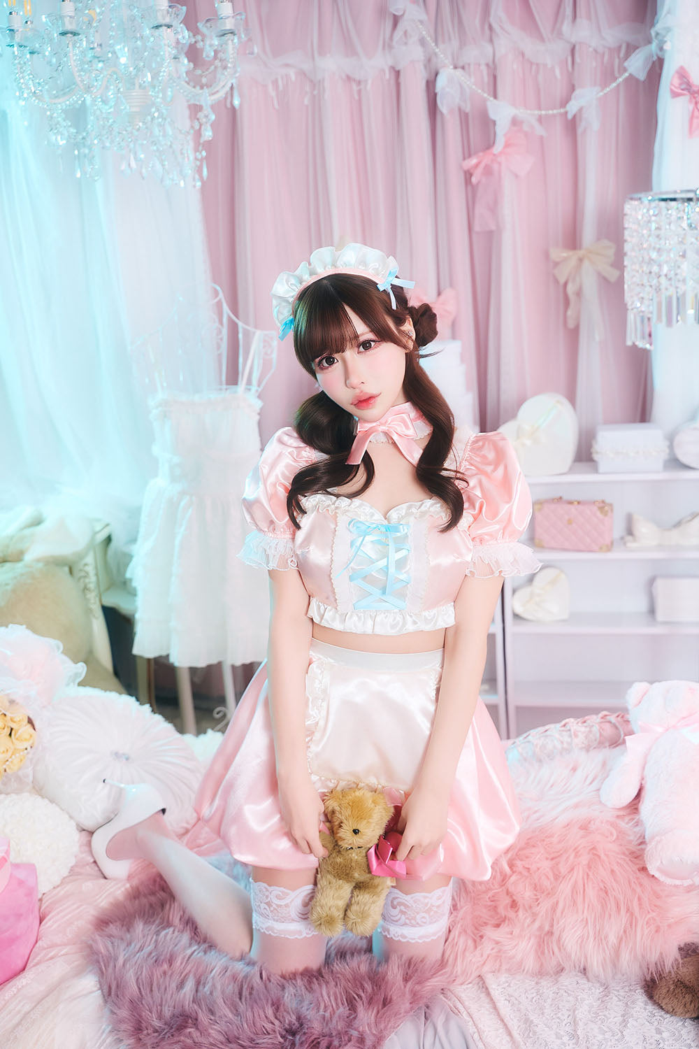 【予約/6月23日発送予定】[New] コスプレ ベビードール poppy doll ネグリジェメイド レディース フリーサイズ ピンク【クリアストーン】♡