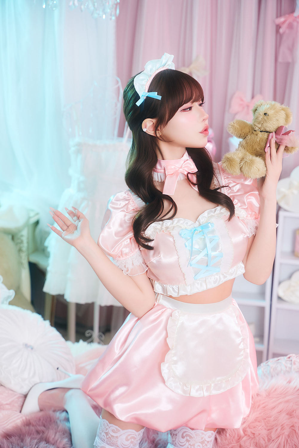 【予約/6月23日発送予定】[New] コスプレ ベビードール poppy doll ネグリジェメイド レディース フリーサイズ ピンク【クリアストーン】♡