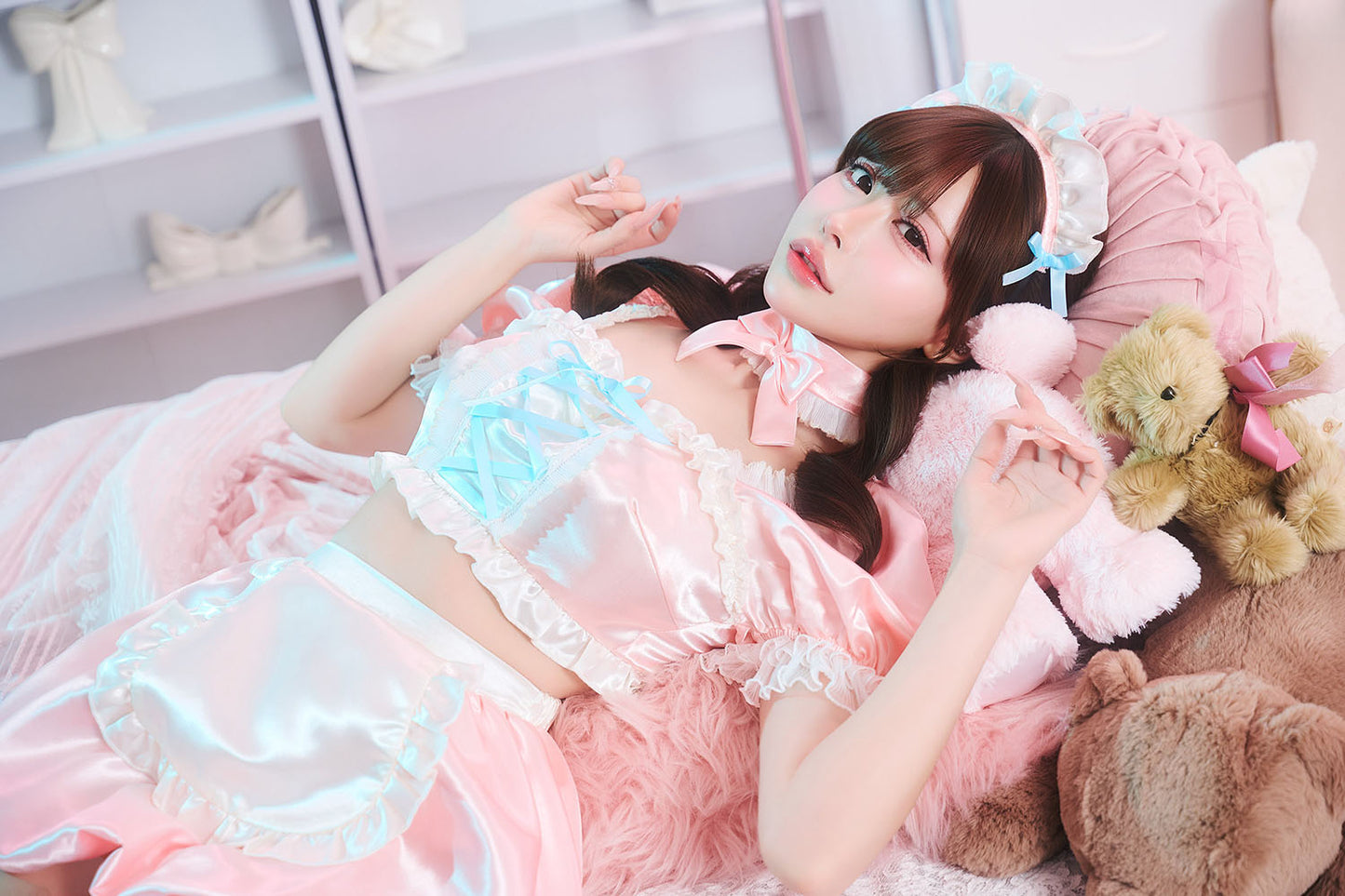 【予約/6月23日発送予定】[New] コスプレ ベビードール poppy doll ネグリジェメイド レディース フリーサイズ ピンク【クリアストーン】♡