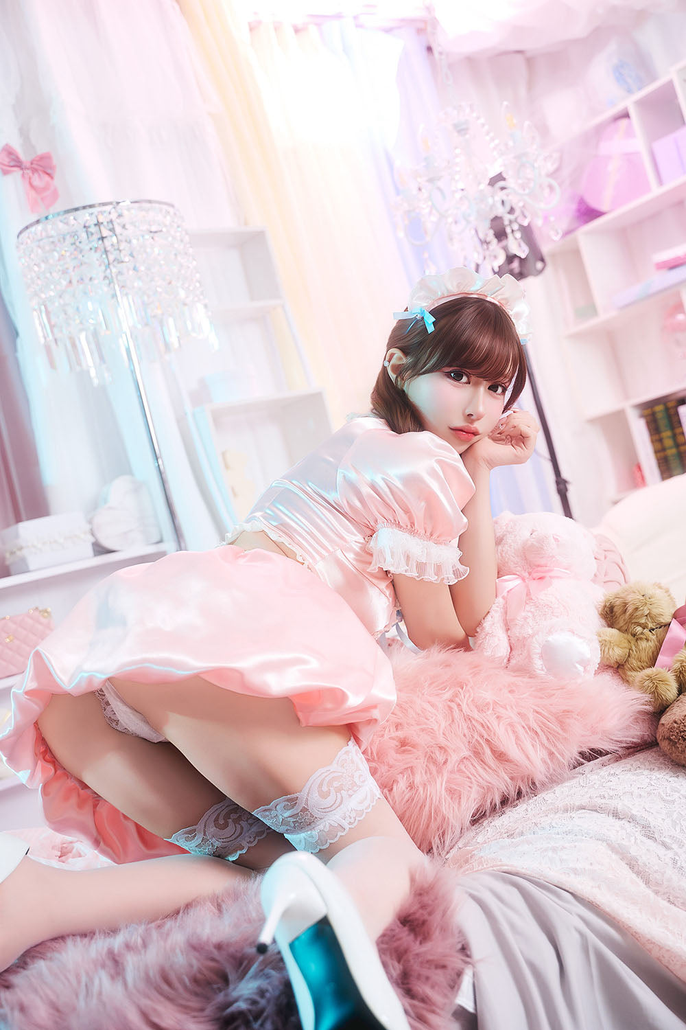 【予約/6月23日発送予定】[New] コスプレ ベビードール poppy doll ネグリジェメイド レディース フリーサイズ ピンク【クリアストーン】♡