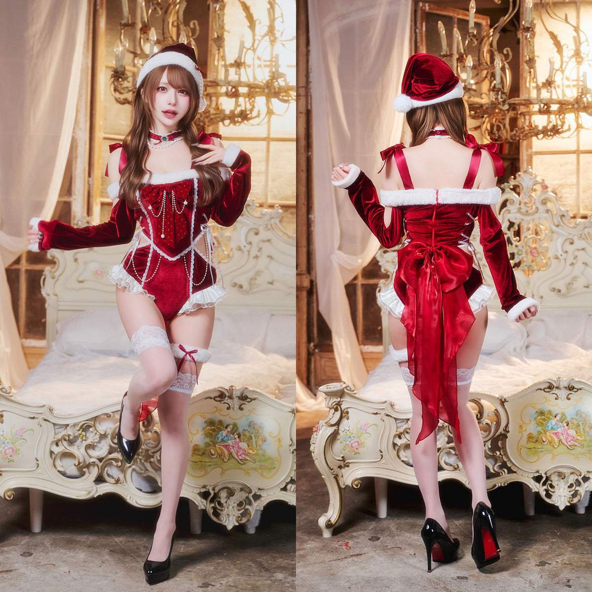 [New] コスプレ クリスマス ルミパピエ ルージュレオタードサンタ レディース フリーサイズ レッド 【クリアストーン】♡