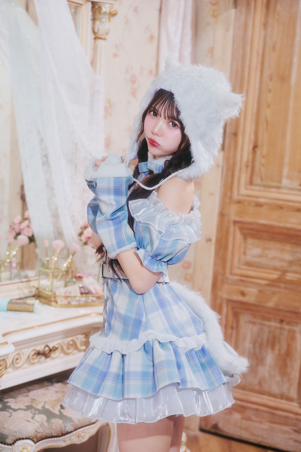 《JamsCollection着用》 コスプレ ねこ リリパレ ペリュシュキャット レディース フリーサイズ ピンク/ブルー  【クリアストーン】♡