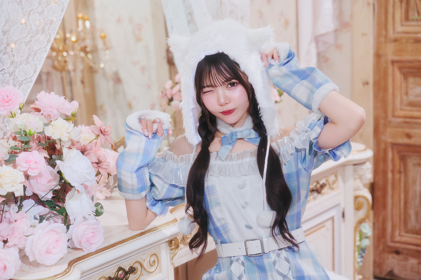 《JamsCollection着用》 コスプレ ねこ リリパレ ペリュシュキャット レディース フリーサイズ ピンク/ブルー  【クリアストーン】♡