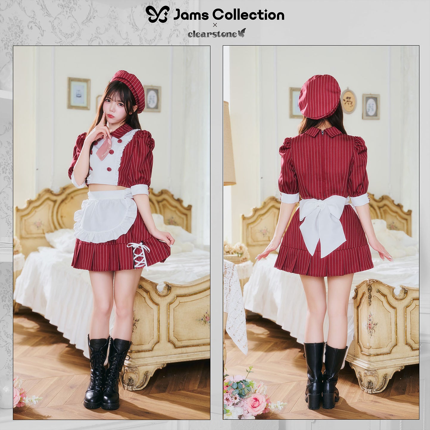 《JamsCollection着用》 コスプレ バレンタイン パティシエ メイド リリパレ パティシエールメイド レディース フリーサイズ ネイビー/レッド 【クリアストーン】♡