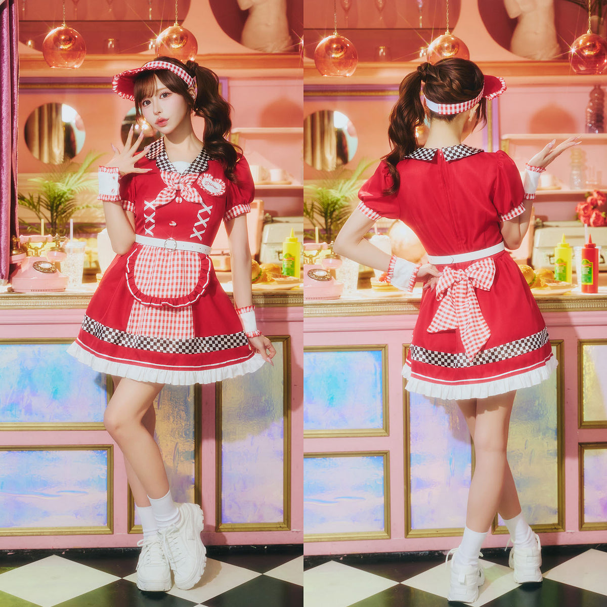 [New] コスプレ ダイナー アメリカンポップダイナー レディース フリーサイズ レッド【クリアストーン】♡